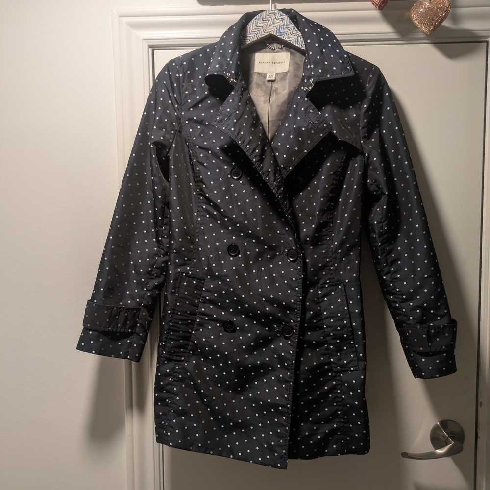 Banana Republic Polka Dot Trench Coat Blue White Belted Women’s M Rain Jacket - Picture 4 of 10